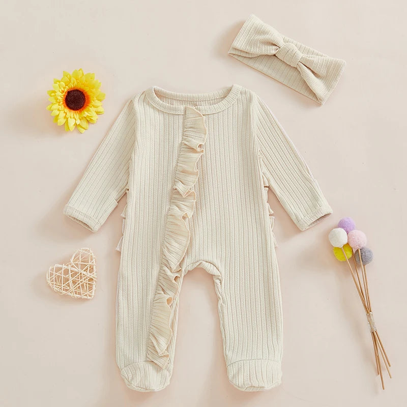 Pudcoco Infant Footed Romper With Ruffled Sleeves And Headband