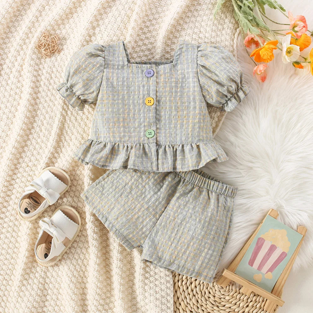 Cotton Bubble Sleeve Top And Shorts Set For Girls Style