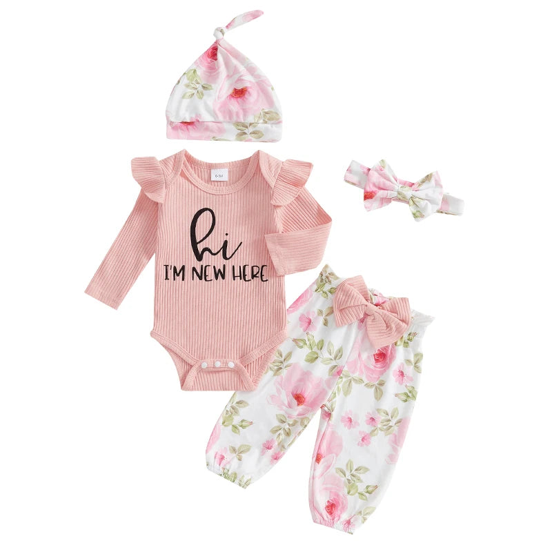 Pudcoco Baby Girls 4 Piece Outfit Set Letter Print Romper Floral Pants Hat