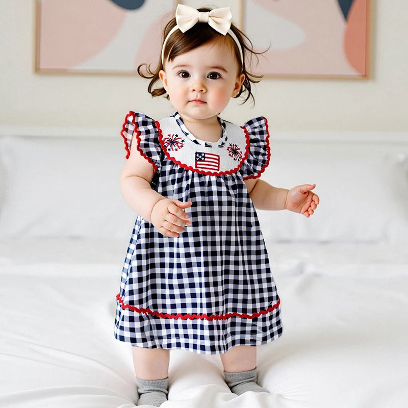 Independence Day Toddler Dress Plaid Design American Flag Embroidery