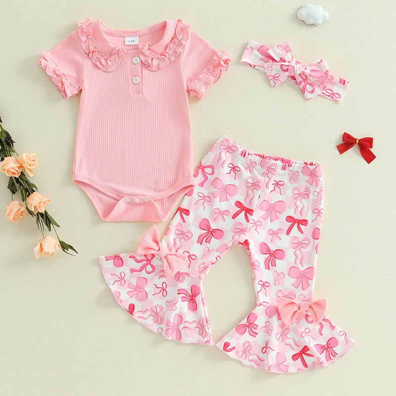 Toddler Girls 3 Piece Outfit Set With Ruffle Sleeve Romper