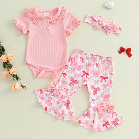Toddler Girls 3 Piece Outfit Set With Ruffle Sleeve Romper