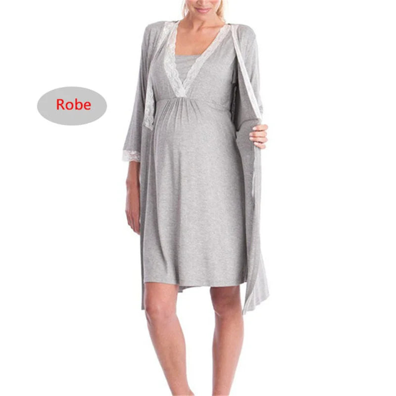 Maternity Nursing Nightgown Lace Sleepwear With Adjustable Belt Pajama Dress