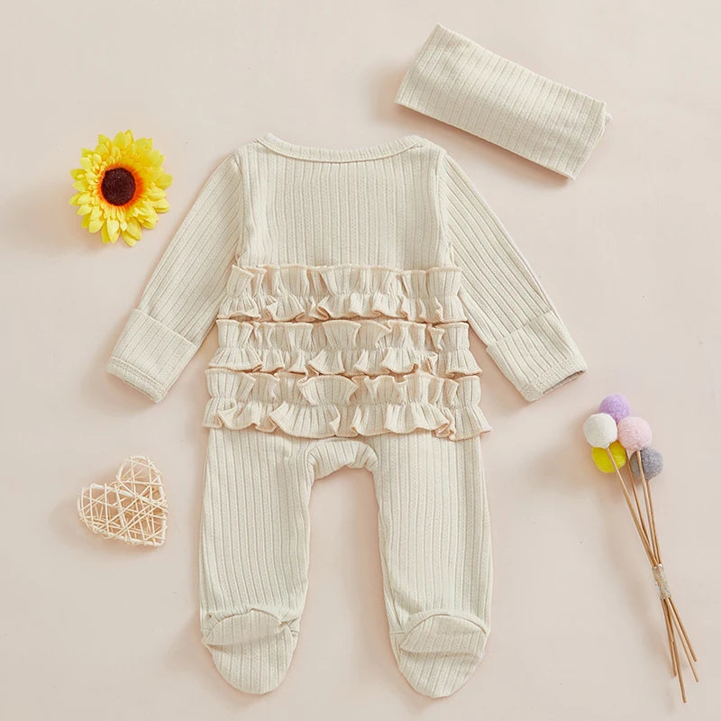 Pudcoco Infant Footed Romper With Ruffled Sleeves And Headband