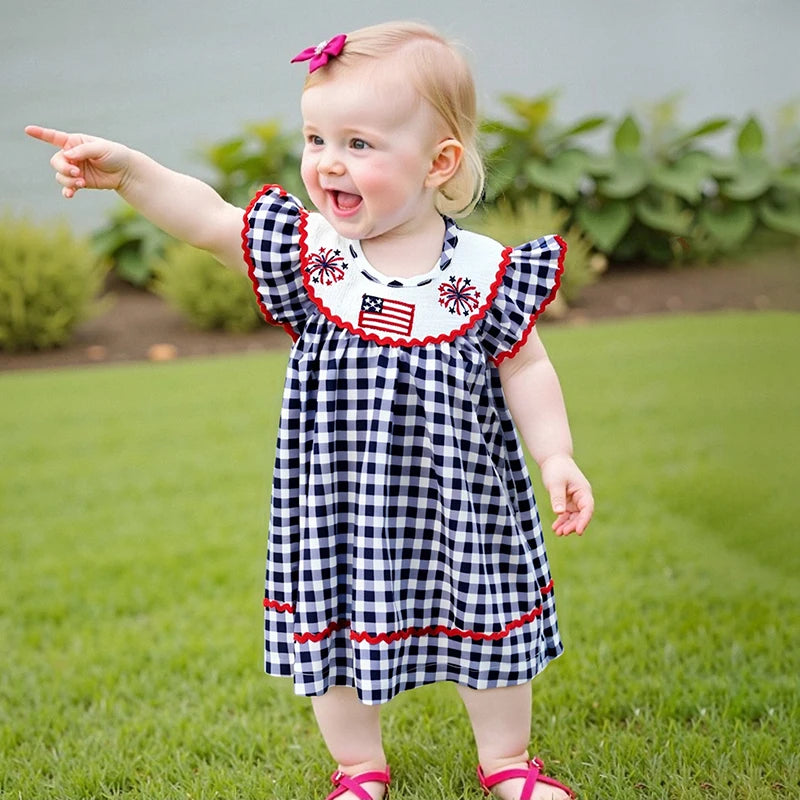 Independence Day Toddler Dress Plaid Design With American Flag Embroidery