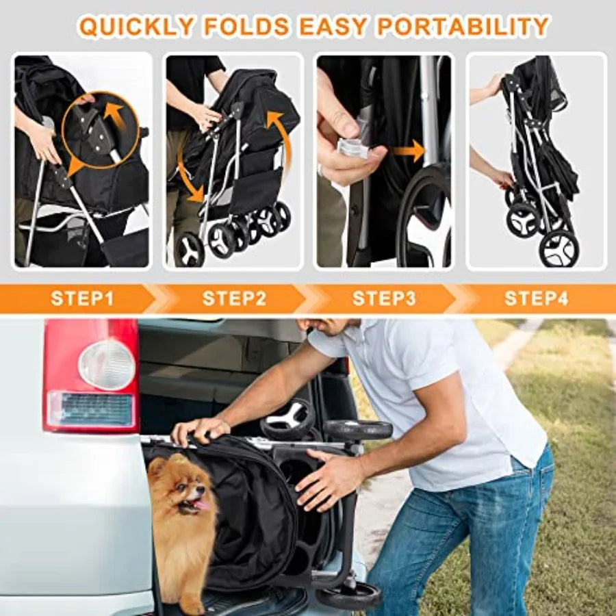 XMSJ Four Wheel Pet Stroller Foldable Carrier For Dogs Cats