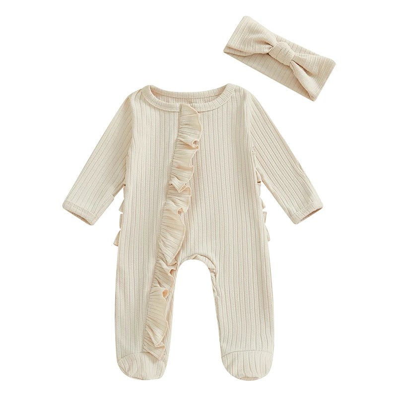 Pudcoco Infant Footed Romper With Ruffled Sleeves And Headband