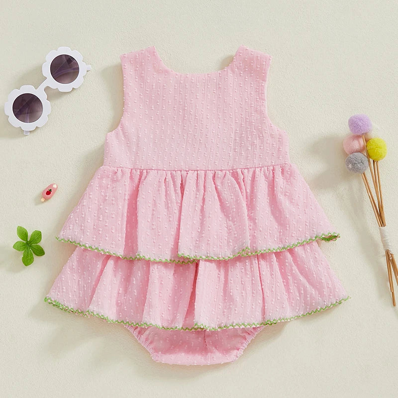 NONECN Infant Floral Sleeveless Romper Dress Ruffle Detail Bow Tie