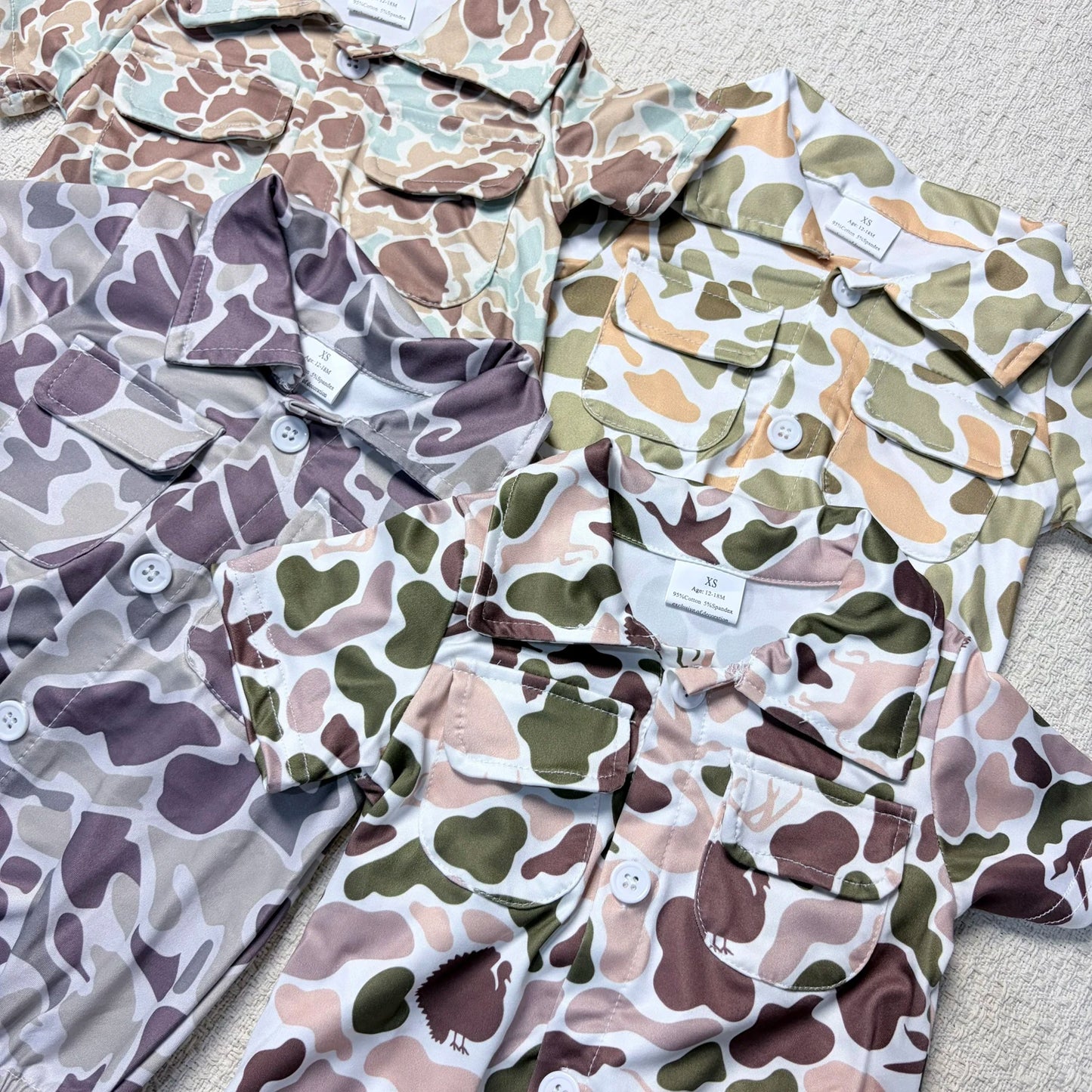 Camouflage Sibling Romper for Baby Boy Short Sleeve Button Up