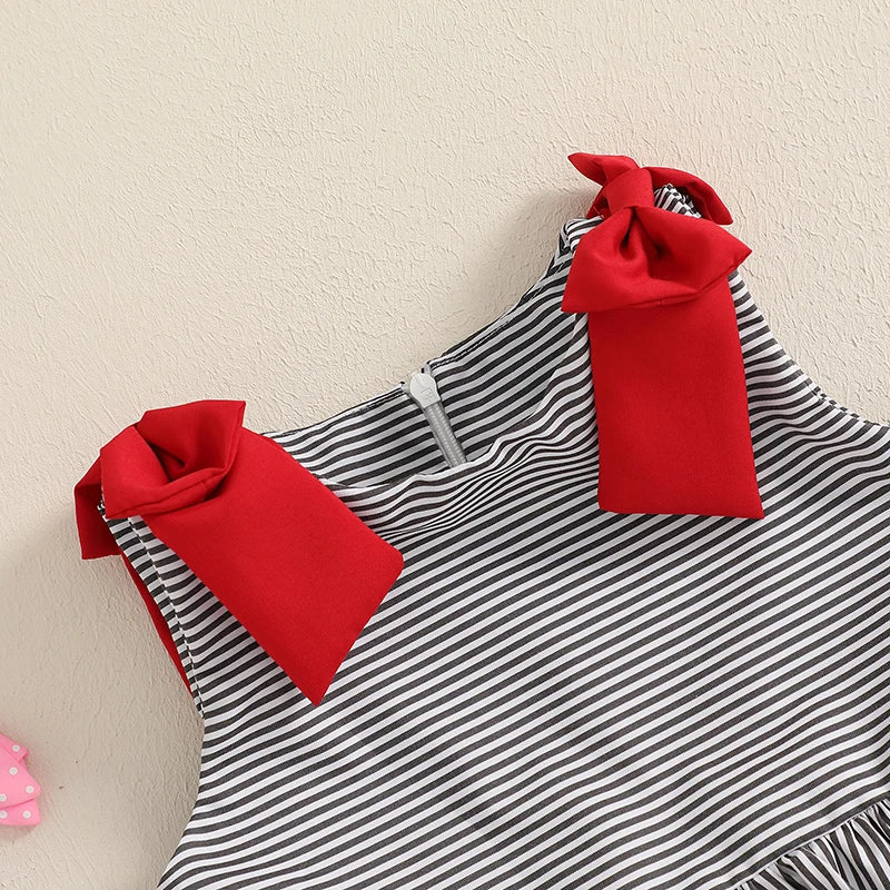 Toddler Sleeveless Striped A-Line Dress With Bowknot Detail