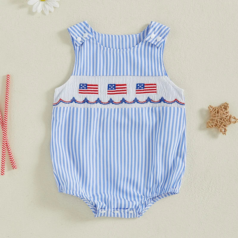 Infant Boy Independence Day Striped Romper USA Flag Embroidery