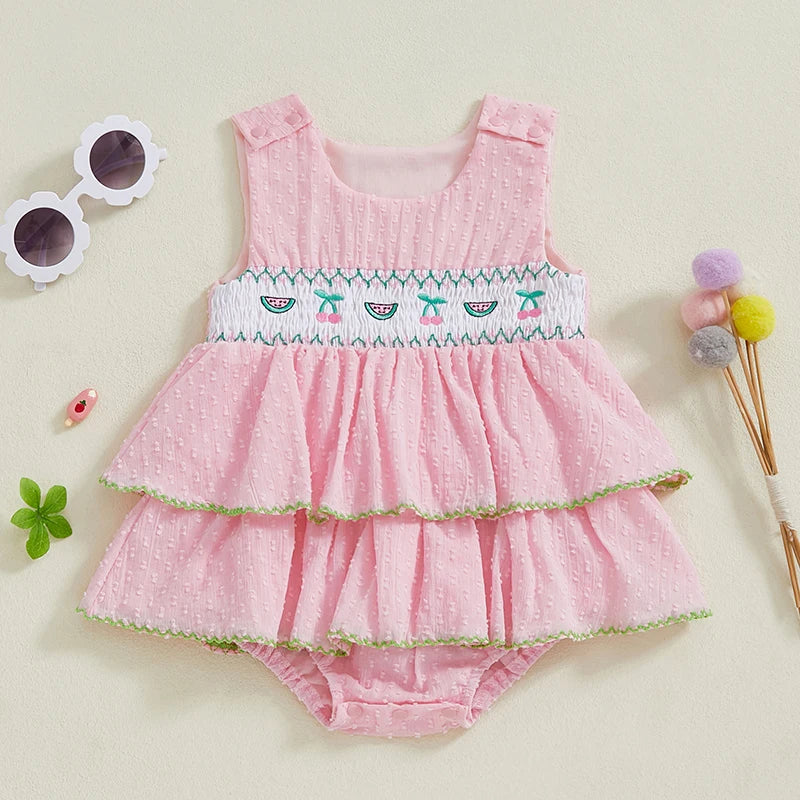 Infant Floral Sleeveless Romper Dress With Ruffle Bow