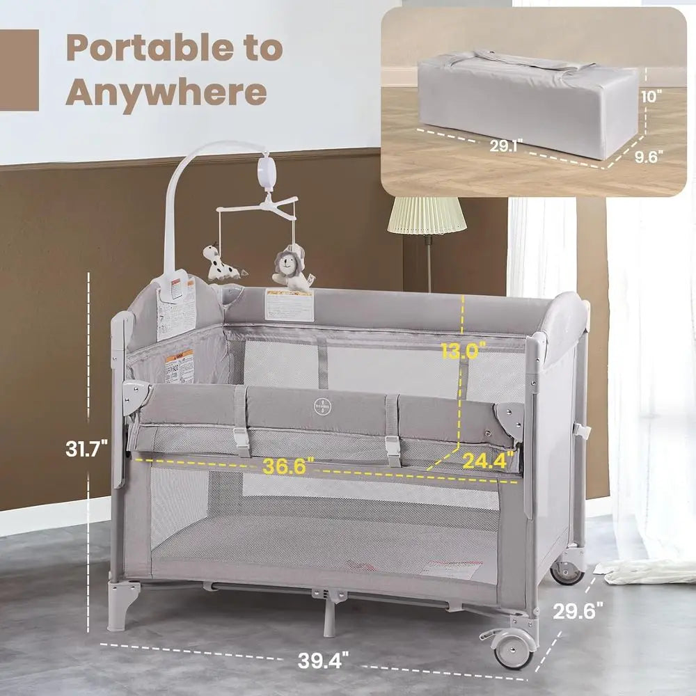 4in1 Portable Crib With Mattress Changer Storage Music Box Bag