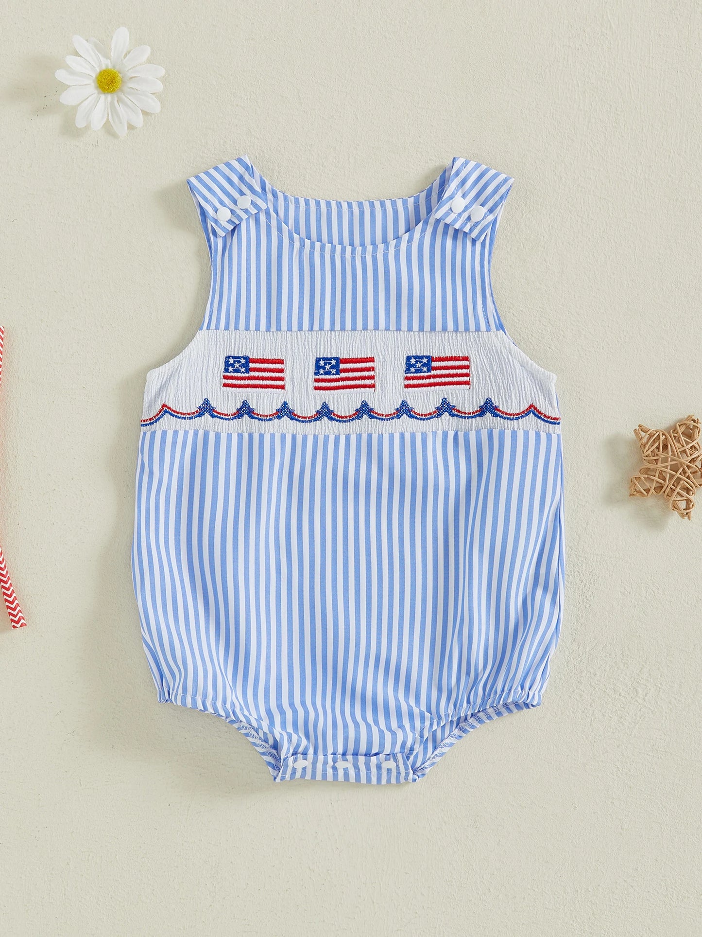 Infant Boy Independence Day Striped Romper USA Flag Embroidery