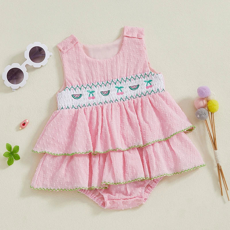 NONECN Infant Floral Sleeveless Romper Dress Ruffle Detail Bow Tie
