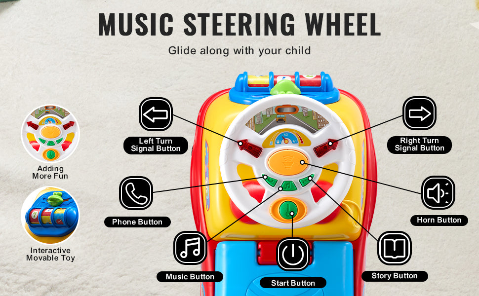 SucceBuy Toddler Ride On Push Car Sit To Stand Toy With Music Steering Wheel
